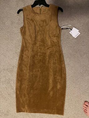 Calvin Klein Camel Brown Sleeveless Suede Midi Dress